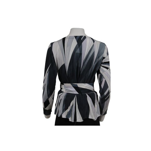 Emilio Pucci Print Long Sleeve Top IT 40 Medium Gray White Viscose Belted Blouse - Picture 2 of 16